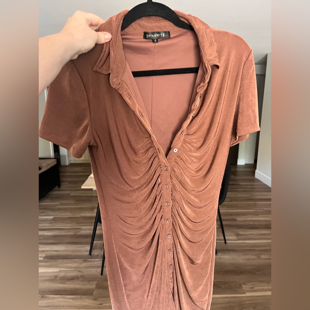 Dynamite Pink Ruched Button Down Dress